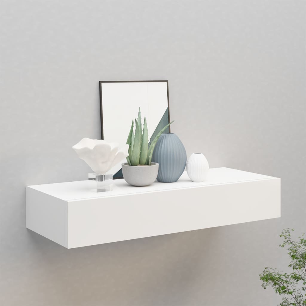 Sieninė lentyna su stalčiumi, baltos spalvos, 60x23,5x10cm, MDF