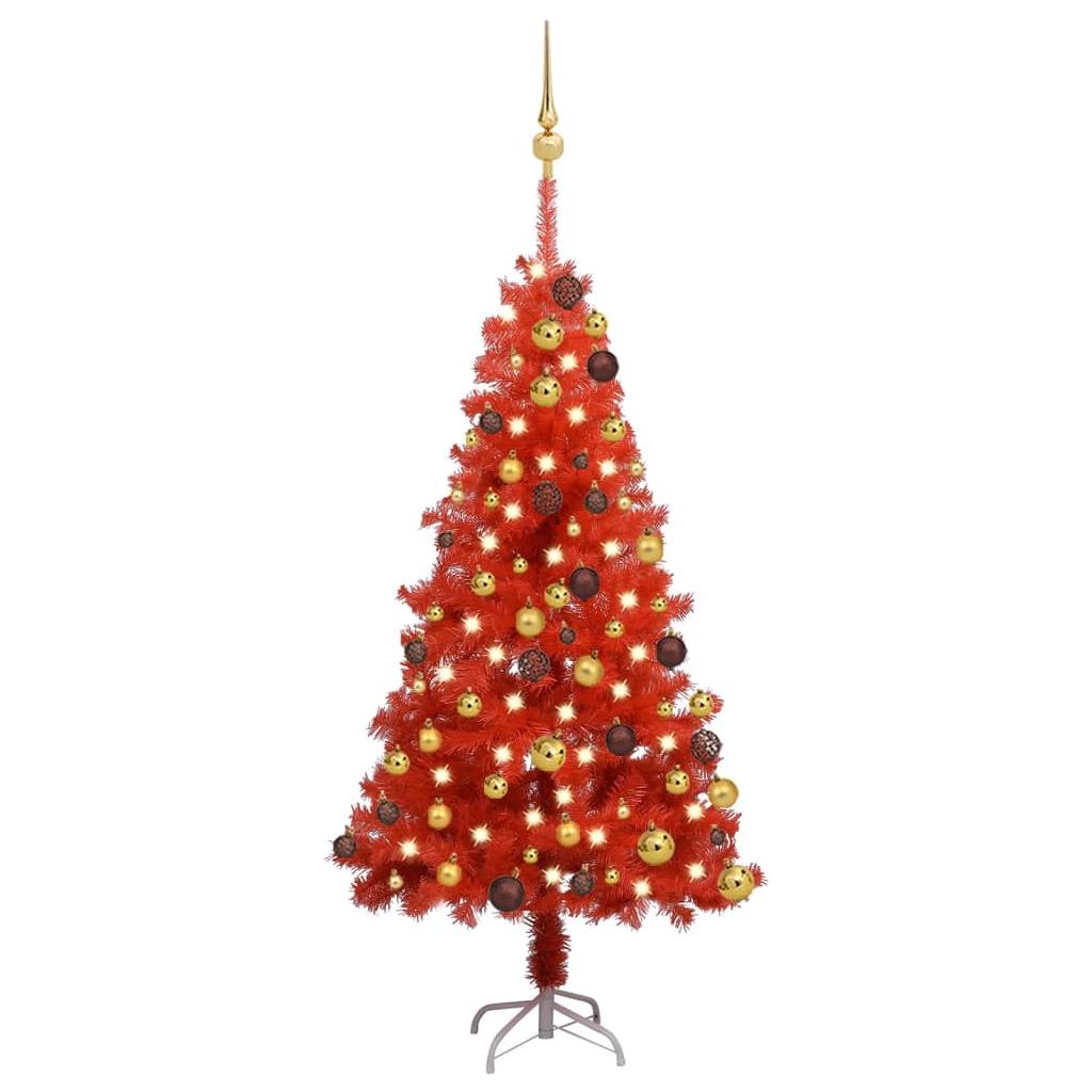 Dirbtinė Kalėdų eglutė su LED/žaisliukais, raudona, 120cm, PVC