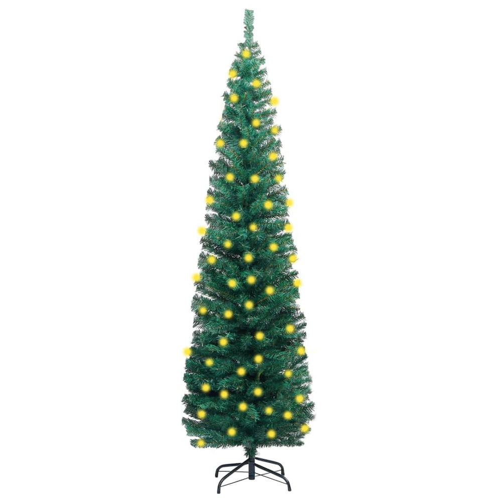 Siaura dirbtinė Kalėdų eglutė su LED/stovu, žalia, 240cm, PVC