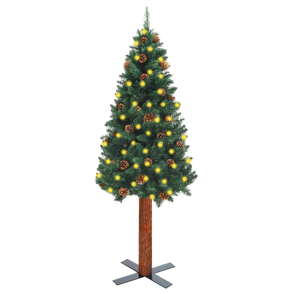 Siaura Kalėdų eglutė su LED/mediena/kankorėžiais, žalia, 150cm