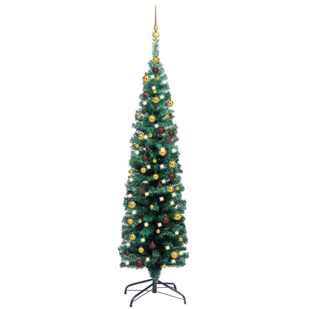 Siaura dirbtinė Kalėdų eglutė su LED/žaisliukais, žalia, 150cm