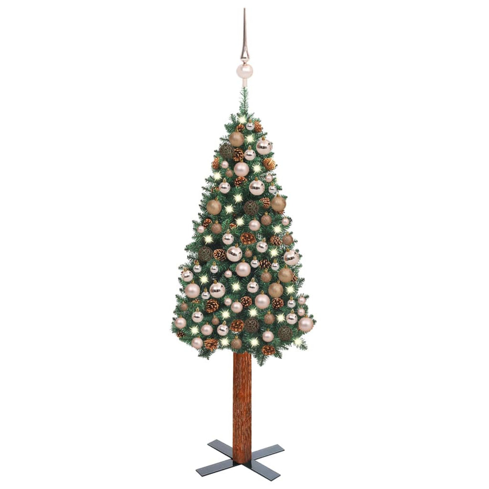 Siaura Kalėdų eglutė su LED ir žaisliukais, žalia, 150cm, PVC