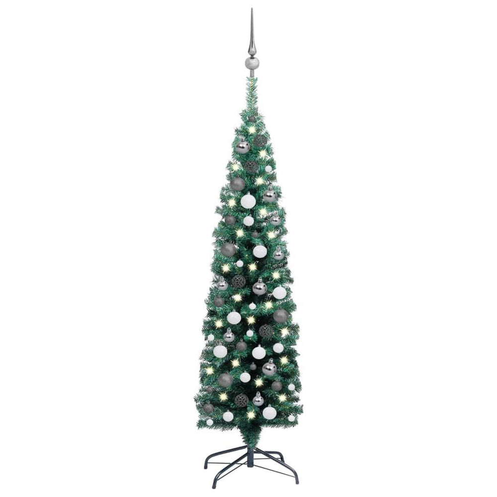 Dirbtinė plona Kalėdų eglutė su žaisliukais, žalia, 150cm