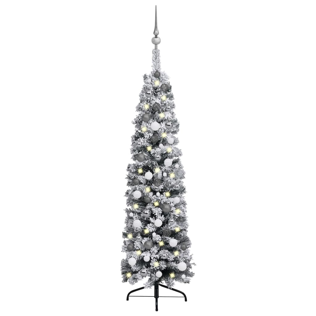 Siaura dirbtinė Kalėdų eglutė su LED/žaisliukais, žalia, 150cm