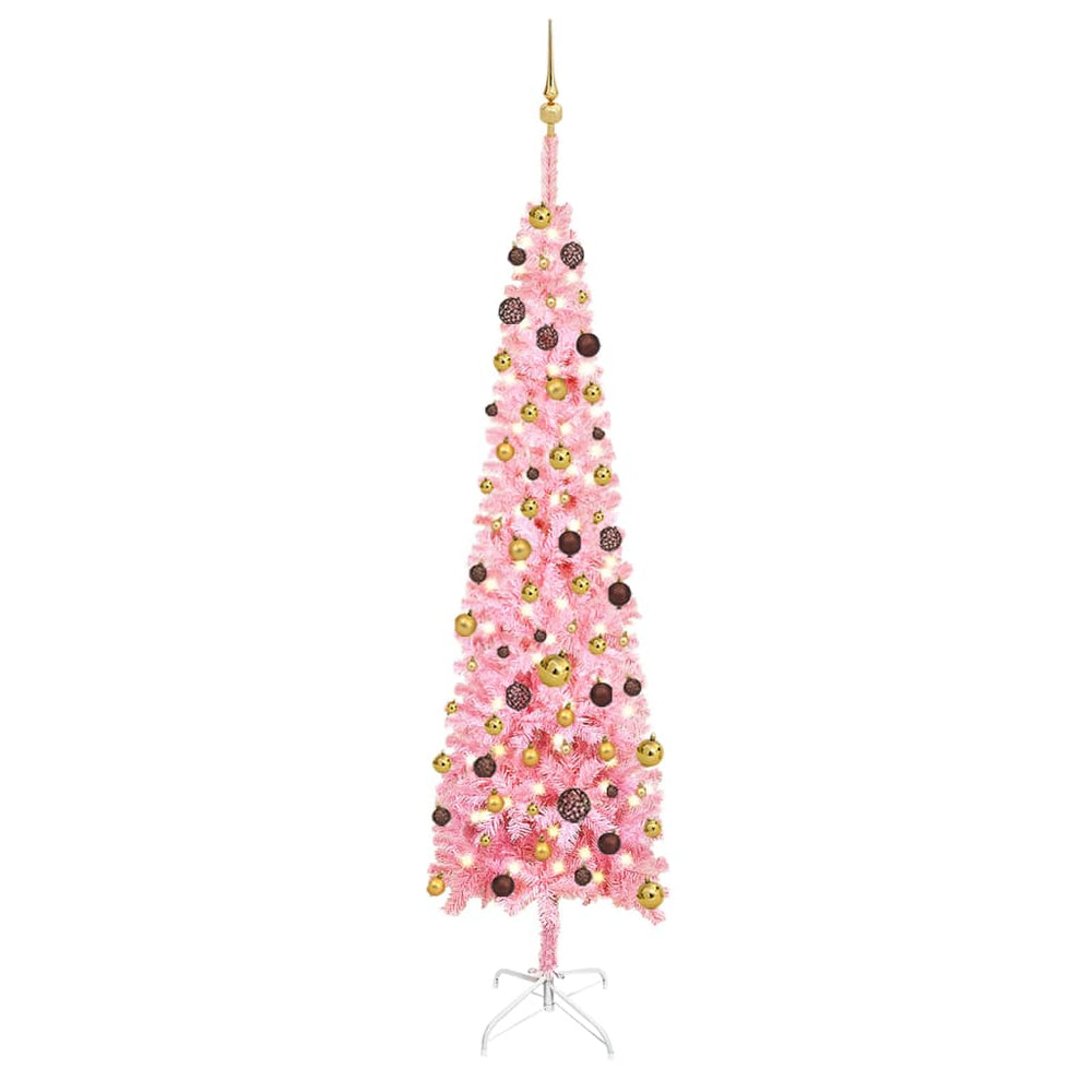 Siaura Kalėdų eglutė su LED/žaisliukais, rožinė, 240cm
