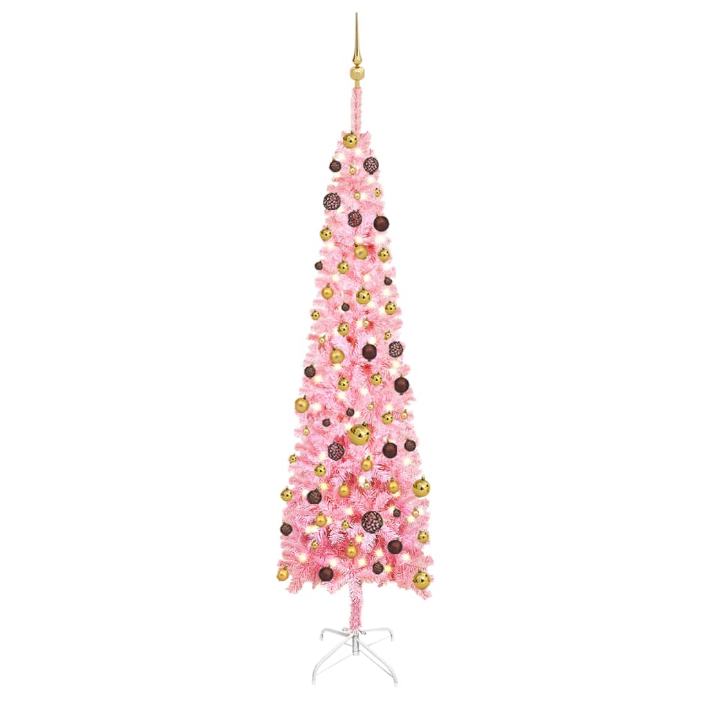 Siaura Kalėdų eglutė su LED/žaisliukais, rožinė, 240cm