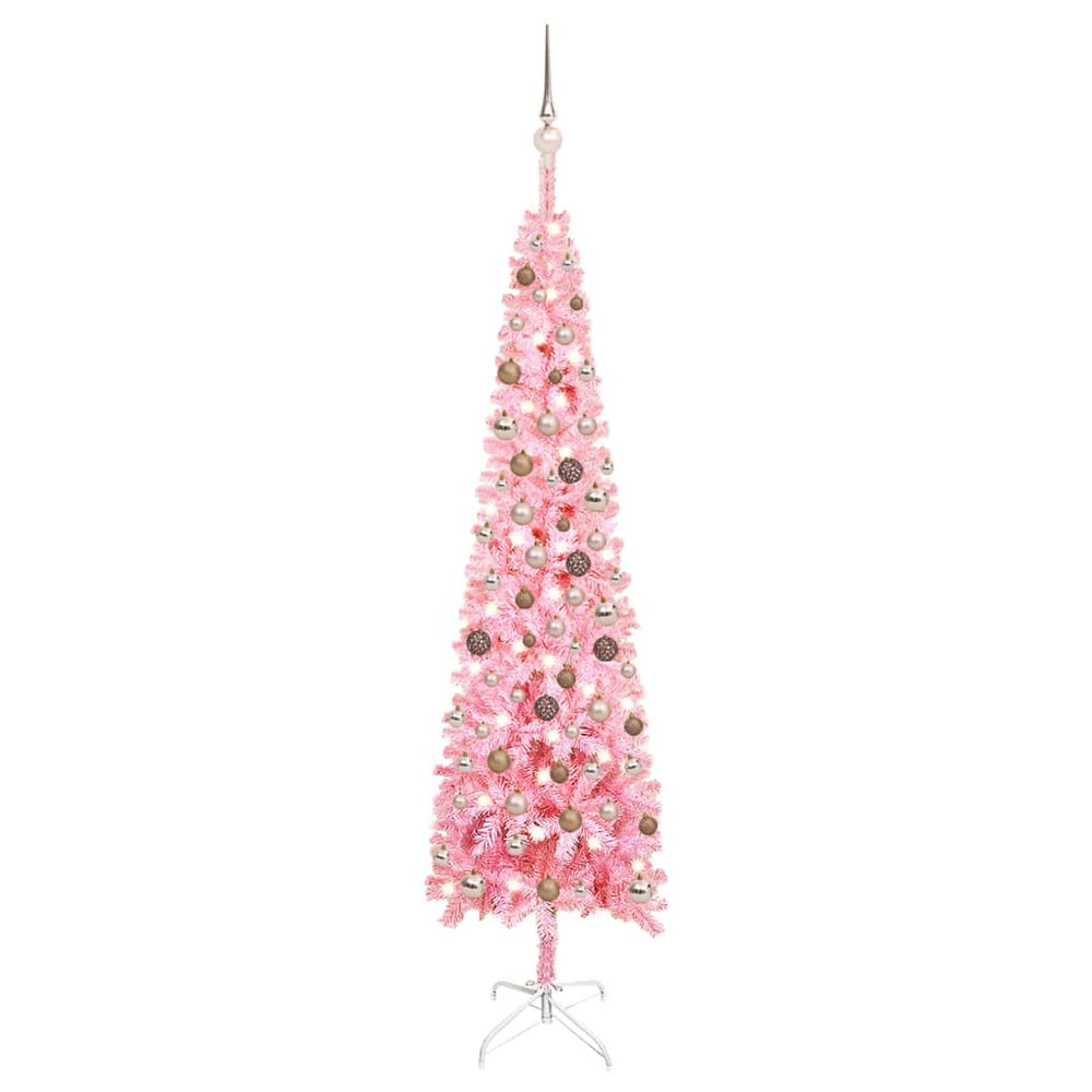 Siaura Kalėdų eglutė su LED ir žaisliukais, rožinė, 210cm