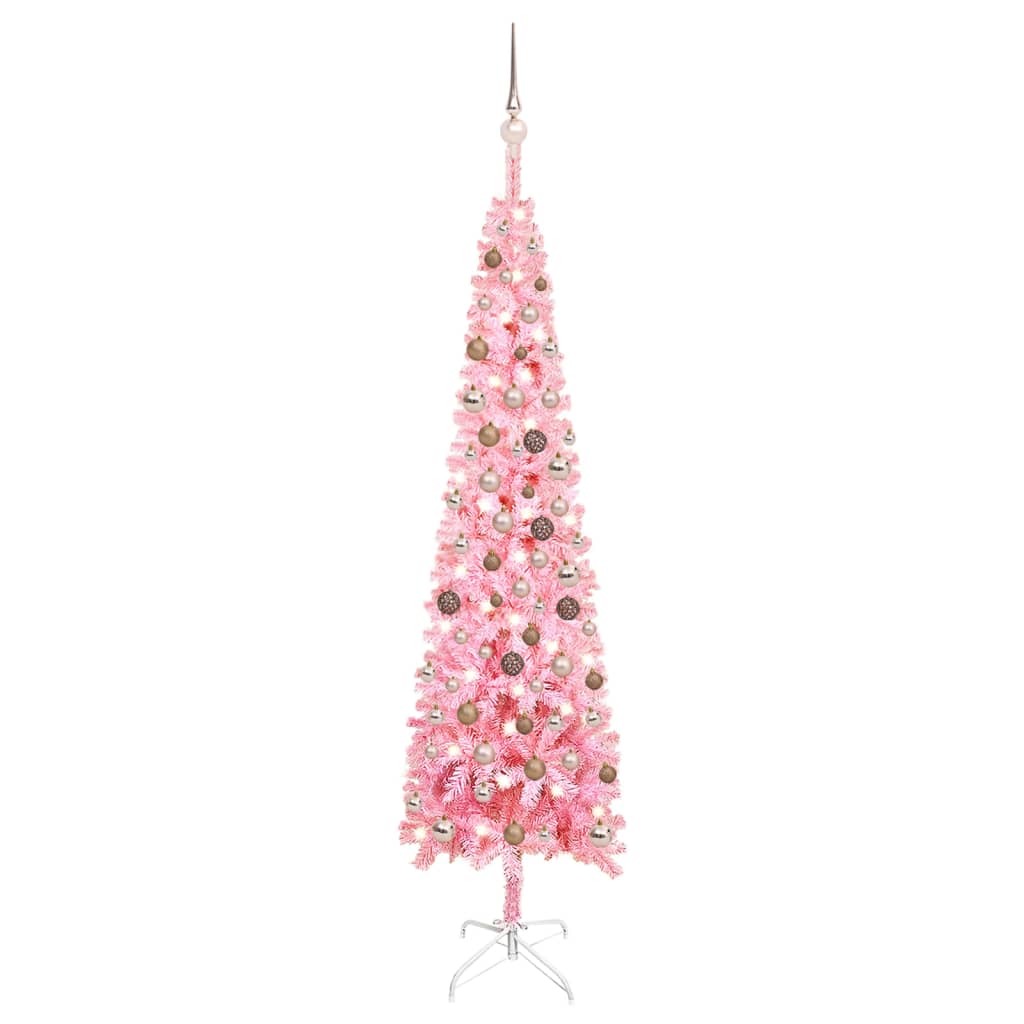 Siaura Kalėdų eglutė su LED ir žaisliukais, rožinė, 210cm