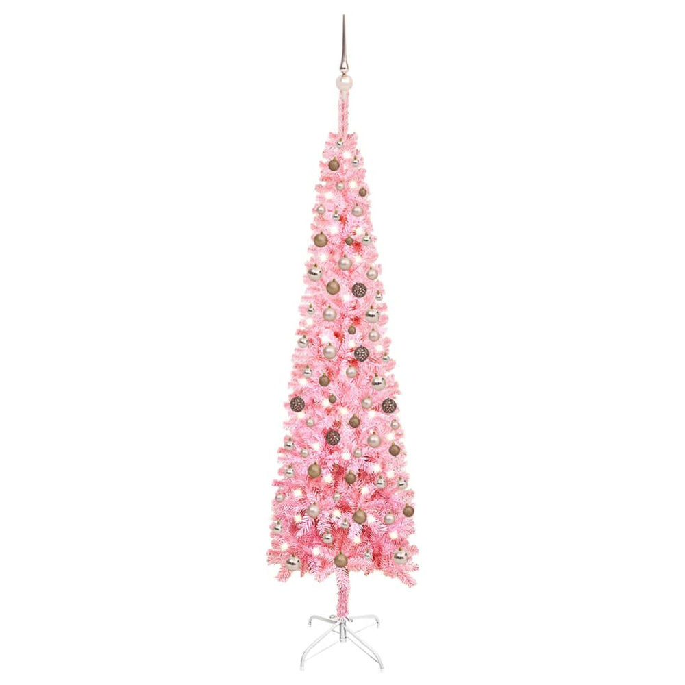 Siaura Kalėdų eglutė su LED/žaisliukais, rožinė, 240cm