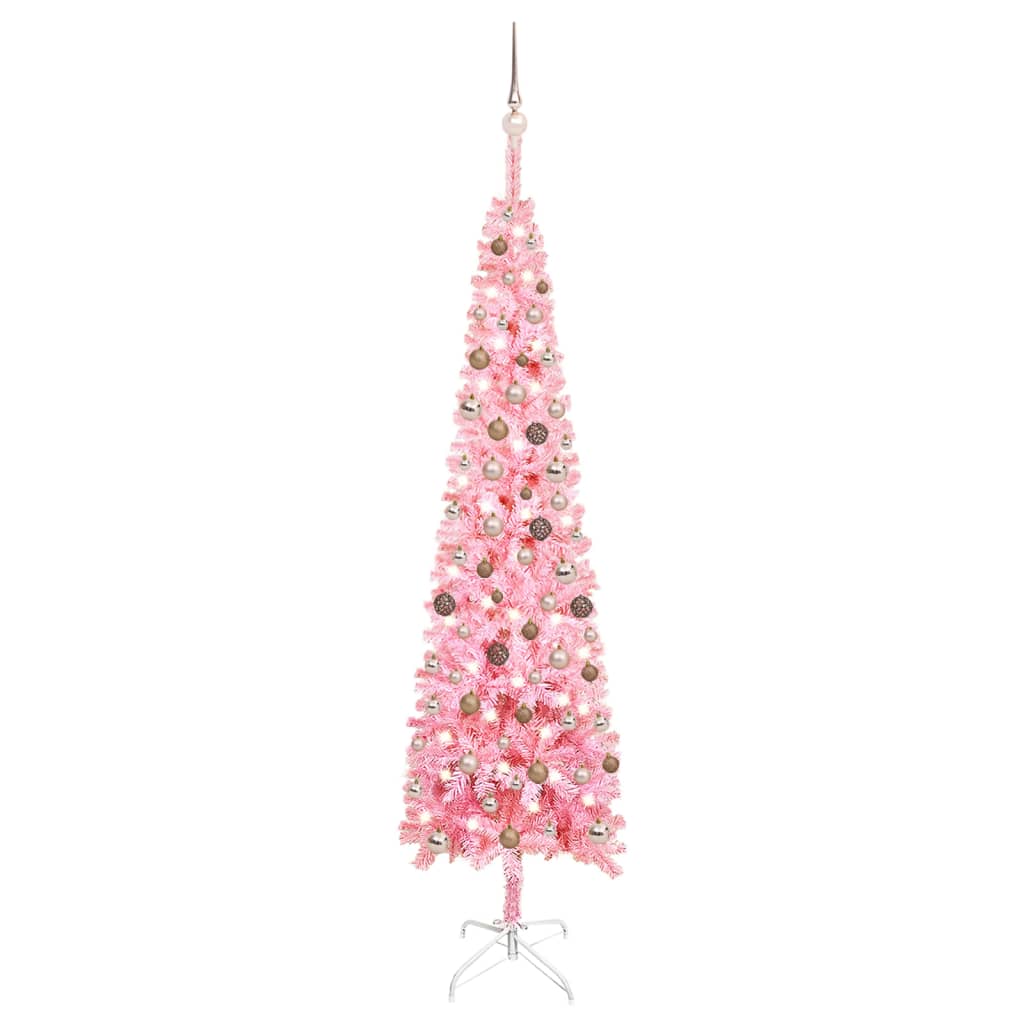 Siaura Kalėdų eglutė su LED/žaisliukais, rožinė, 240cm