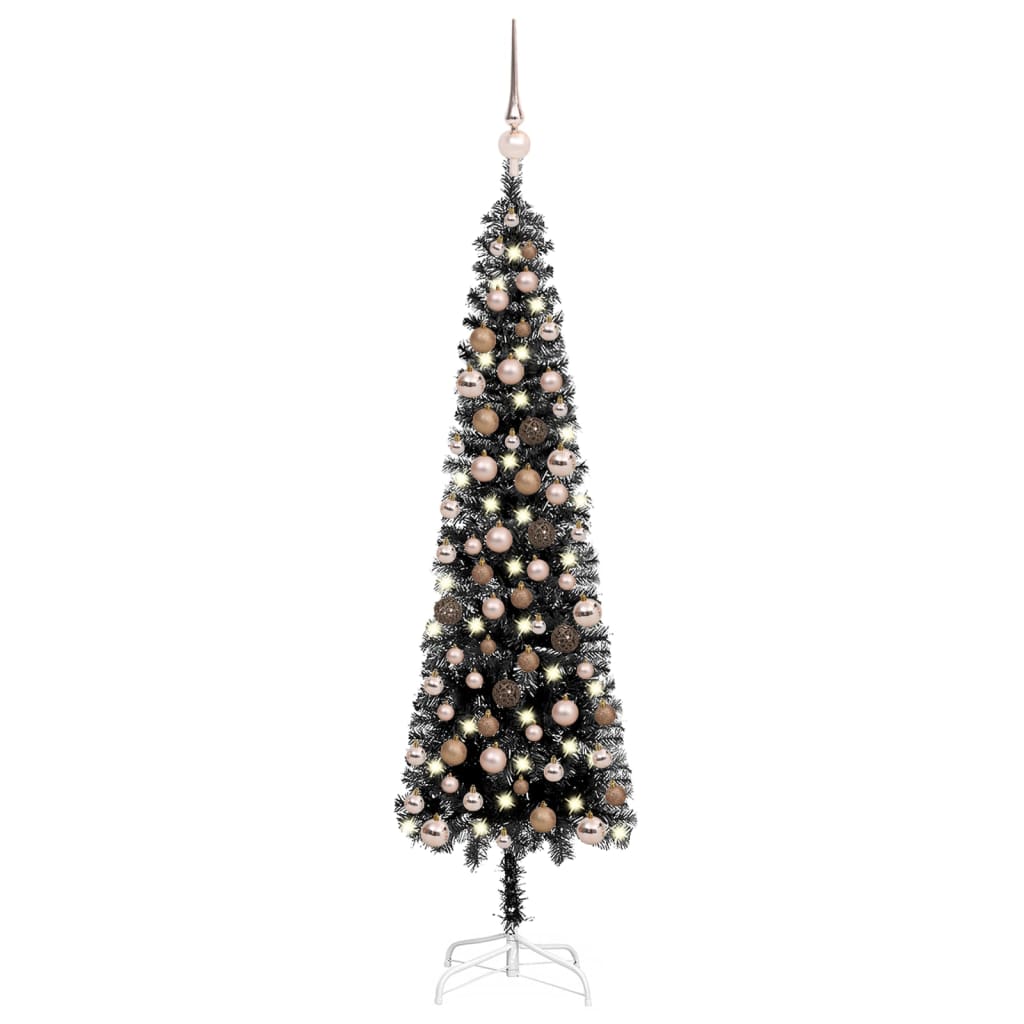 Siaura Kalėdų eglutė su LED/žaisliukais, juoda, 120cm