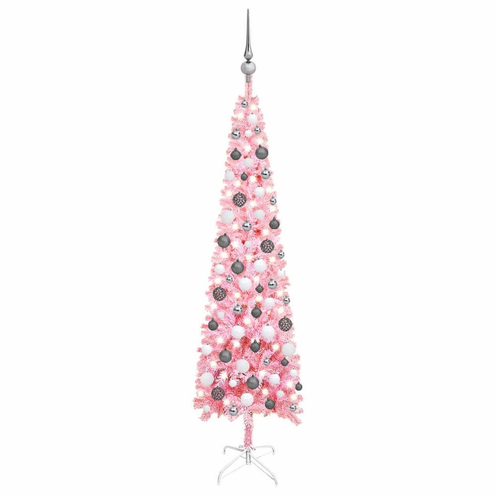 Siaura Kalėdų eglutė su LED ir žaisliukais, rožinė, 150cm