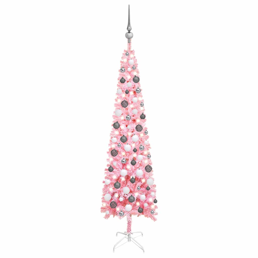 Siaura Kalėdų eglutė su LED ir žaisliukais, rožinė, 150cm