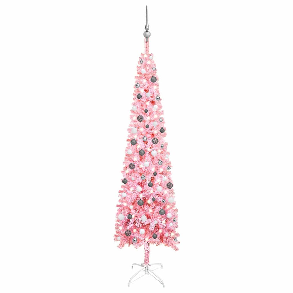 Siaura Kalėdų eglutė su LED ir žaisliukais, rožinė, 240cm