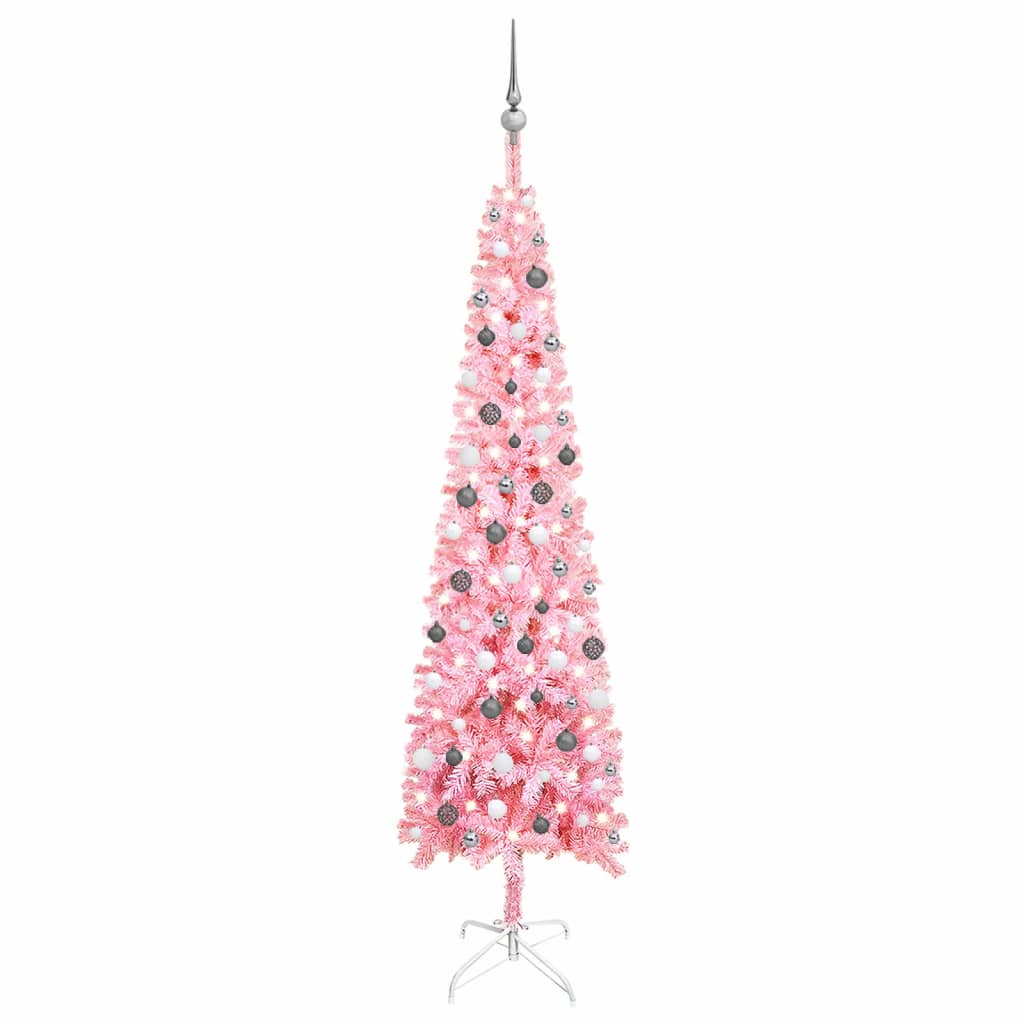 Siaura Kalėdų eglutė su LED ir žaisliukais, rožinė, 240cm