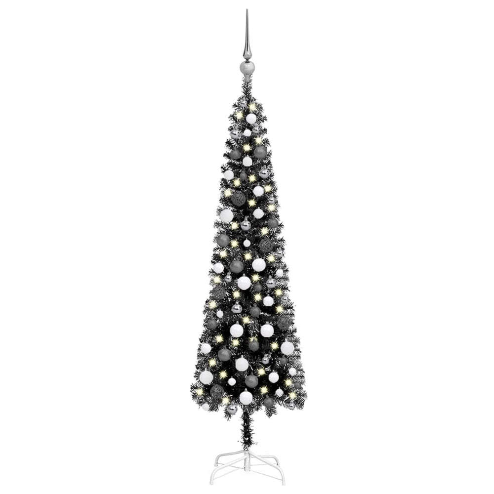 Siaura Kalėdų eglutė su LED/žaisliukais, juoda, 150cm