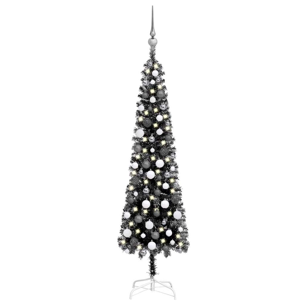 Siaura Kalėdų eglutė su LED/žaisliukais, juoda, 150cm