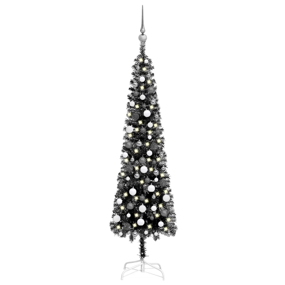 Siaura Kalėdų eglutė su LED ir žaisliukais, juoda, 180cm