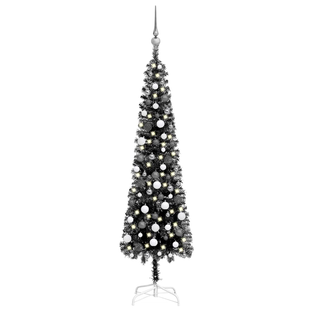 Siaura Kalėdų eglutė su LED ir žaisliukais, juoda, 180cm