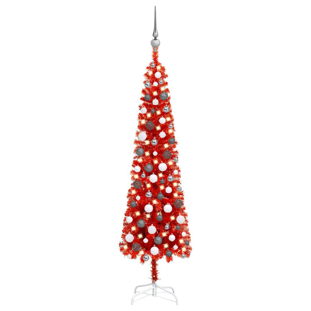 Kalėdų eglutė su LED ir žaisliukų rinkiniu, raudona, 150cm