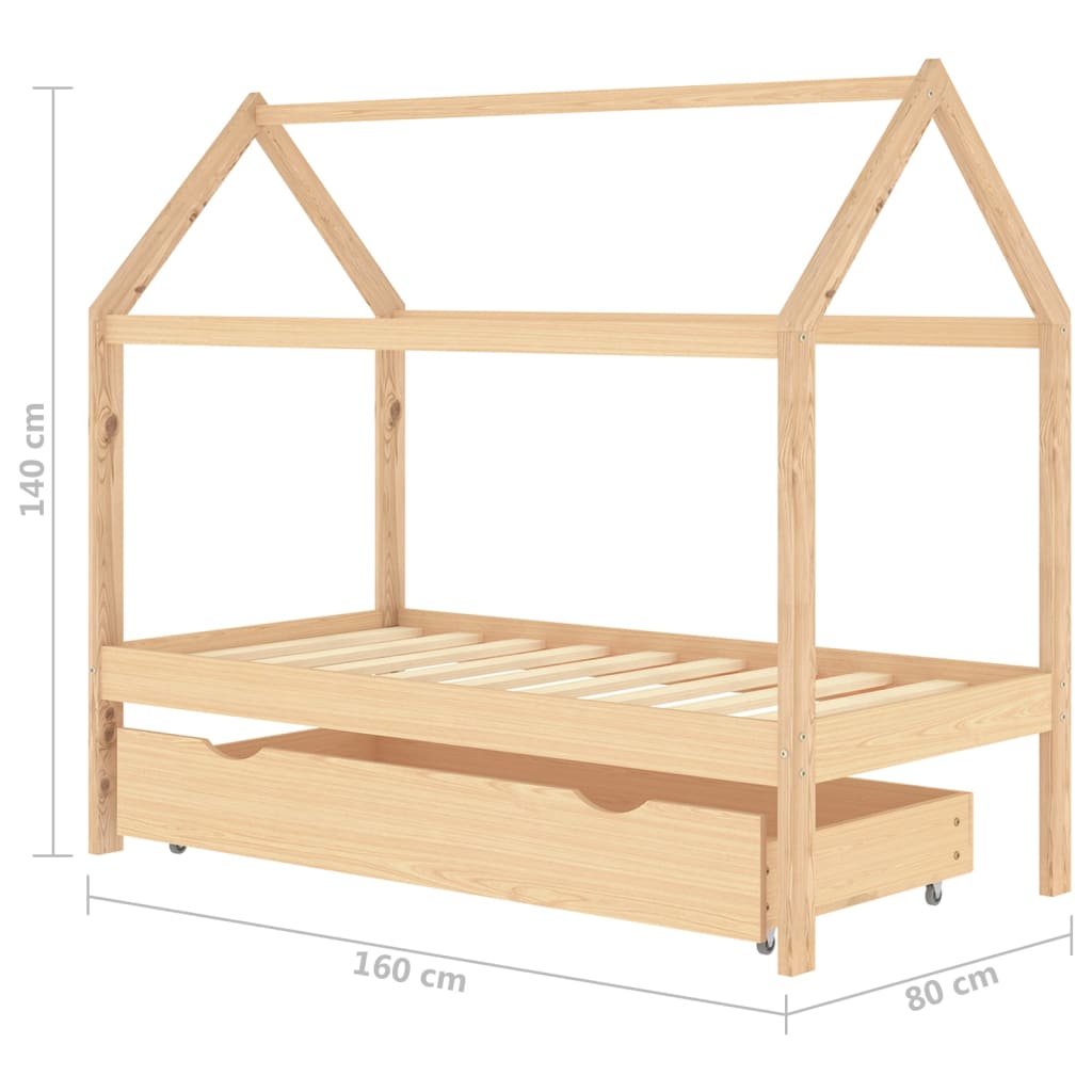 Vaikiškos lovos rėmas su stalčiumi, 80x160cm, pušies masyvas