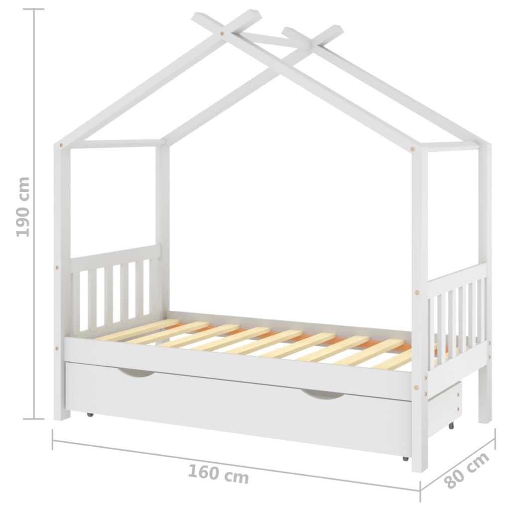 Vaikiškos lovos rėmas su stalčiumi, baltas, 80x160cm, pušis