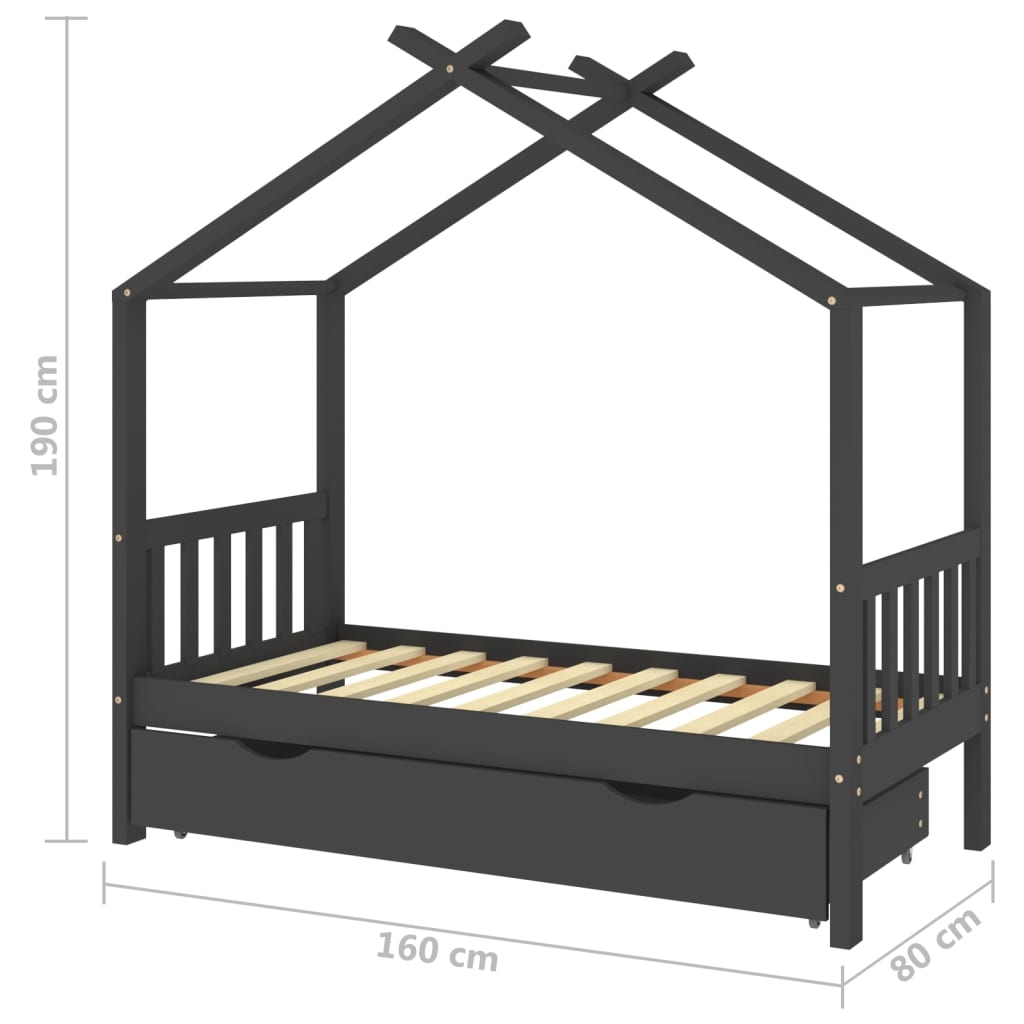 Vaikiškos lovos rėmas su stalčiumi, pilkas, 80x160cm, pušis