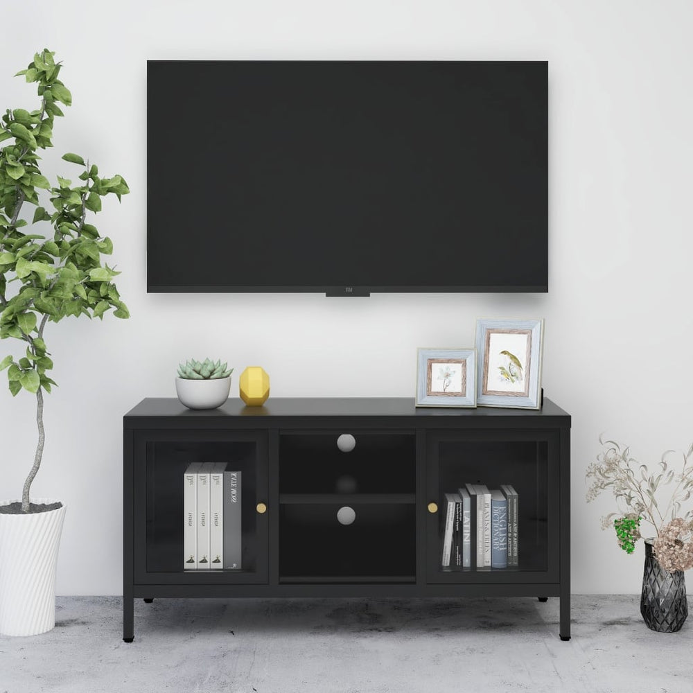 Televizoriaus spintelė, juoda, 105x35x52cm, plienas ir stiklas