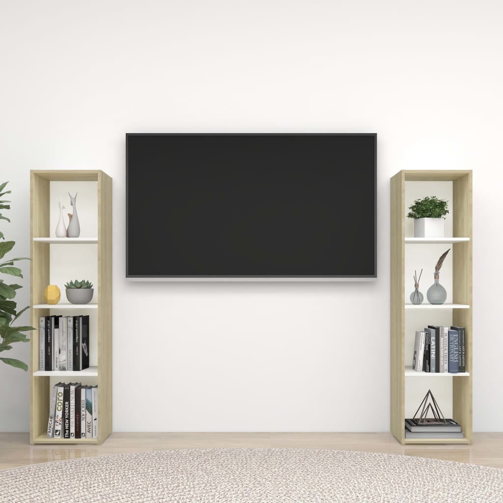 TV spintelės, 2vnt., baltos/ąžuolo, 142,5x35x36,5cm, MDP