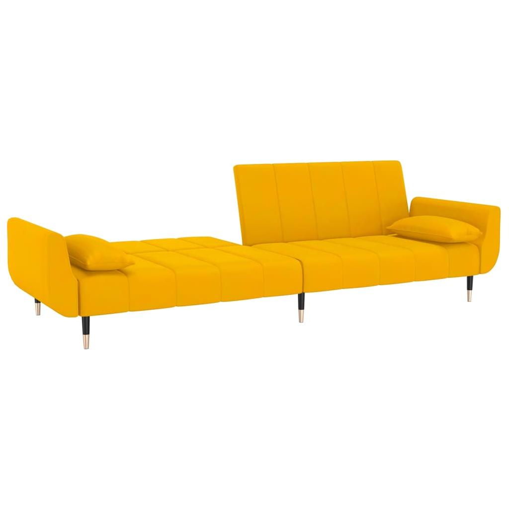 Dvivietė sofa-lova su dvejomis pagalvėmis, geltona, aksomas