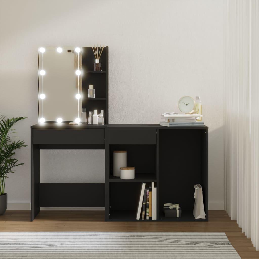 Kosmetinis staliukas su LED ir spintele, juodas, mediena