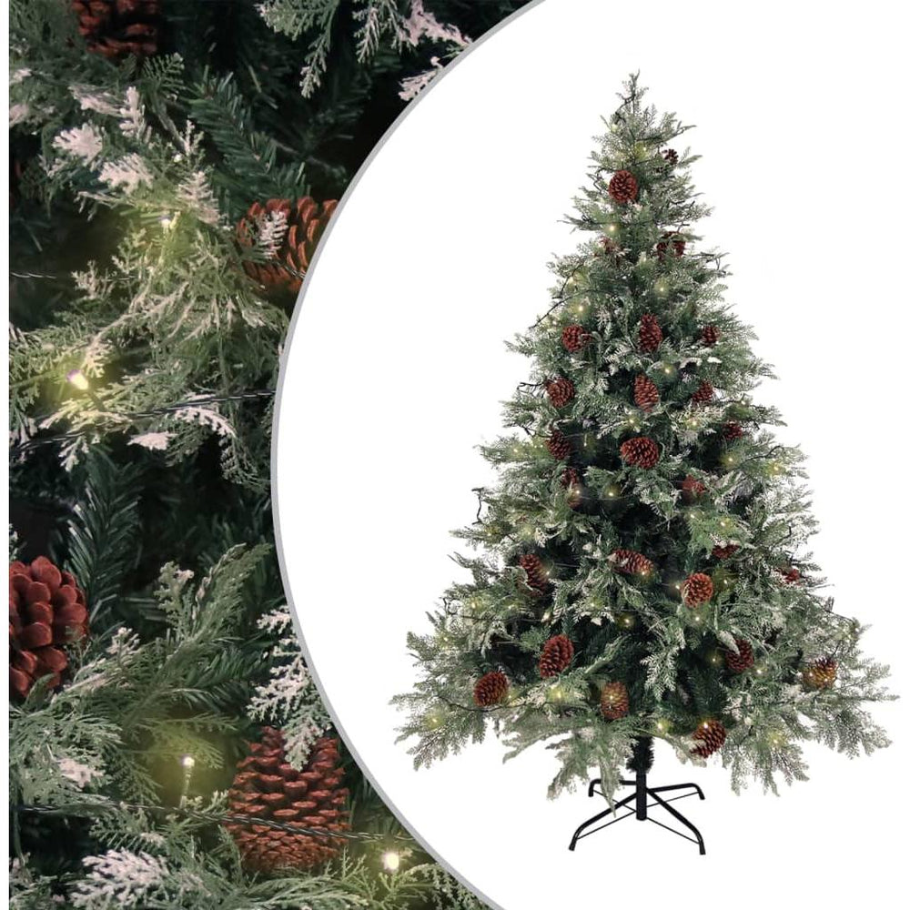 Kalėdų eglutė su LED/kankorėžiais, žalia/balta, 150cm, PVC/PE