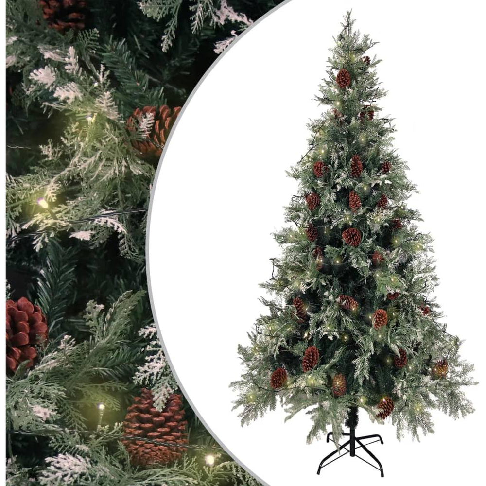 Kalėdų eglutė su LED/kankorėžiais, žalia/balta, 225cm, PVC/PE