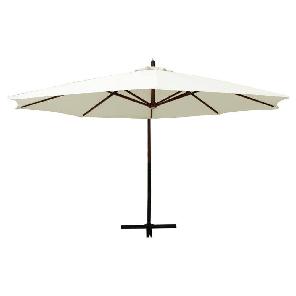 Pakabinamas skėtis su mediniu stulpu, smėlio ir baltas, 350cm
