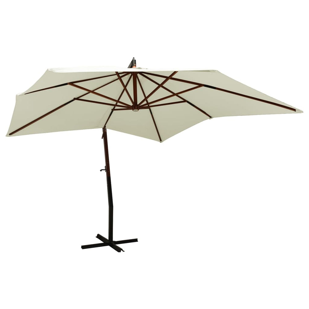 Pakabinamas skėtis su mediniu stulpu, smėlio ir baltas, 300cm