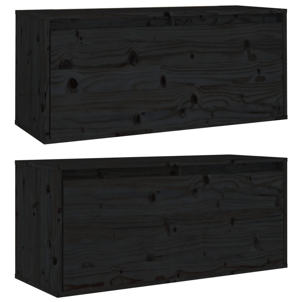 Sieninės spintelės, 2vnt., juodos, 80x30x35cm, pušies masyvas