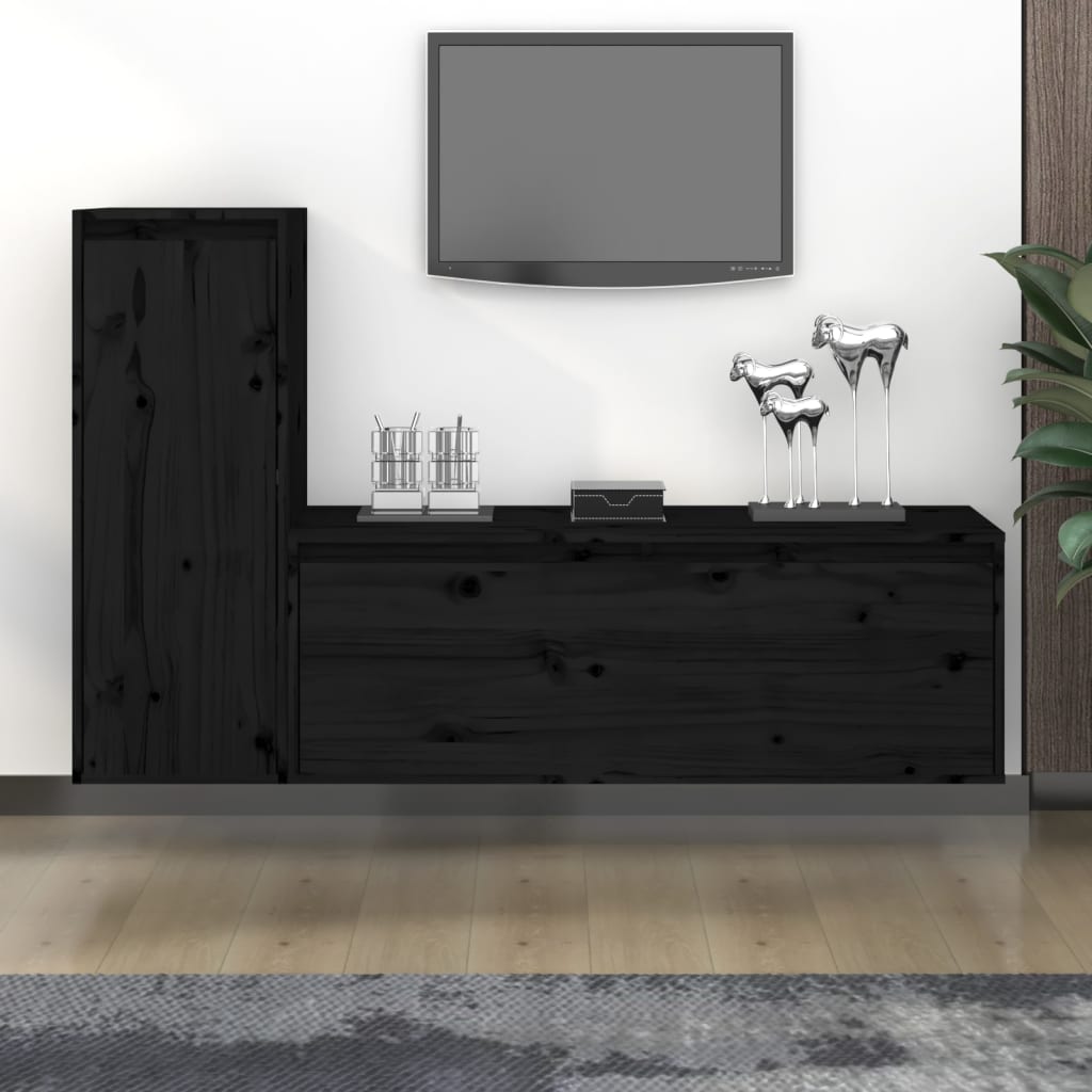 Televizoriaus spintelės, 2vnt., juodos, pušies medienos masyvas