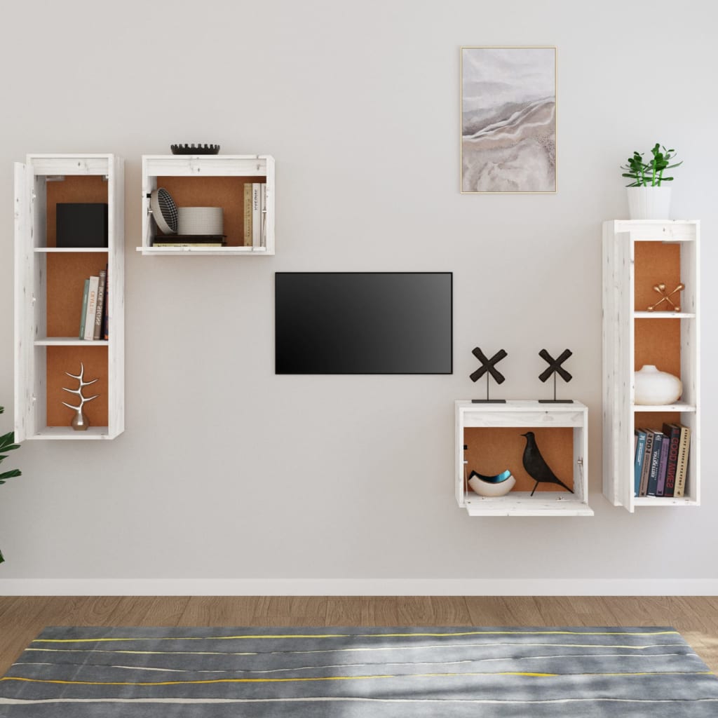 Televizoriaus spintelės, 4vnt., baltos, pušies medienos masyvas