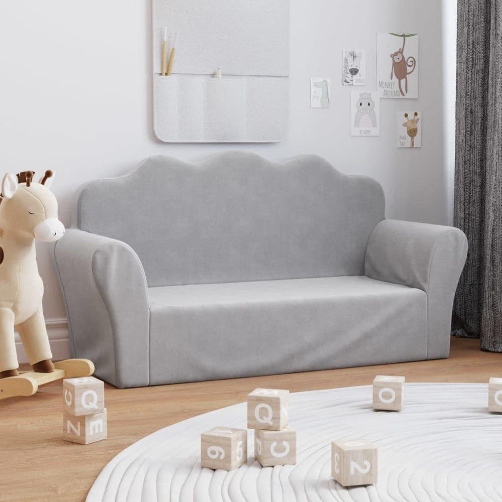 Dvivietė vaikiška sofa, šviesiai pilka, minkštas pliušas