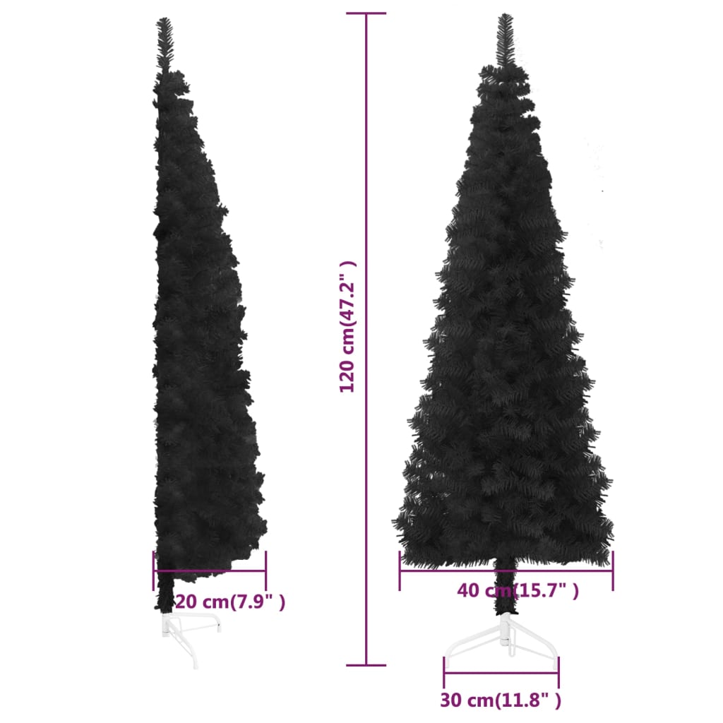 Siaura dirbtinė pusinė Kalėdų eglutė su stovu, juoda, 120cm