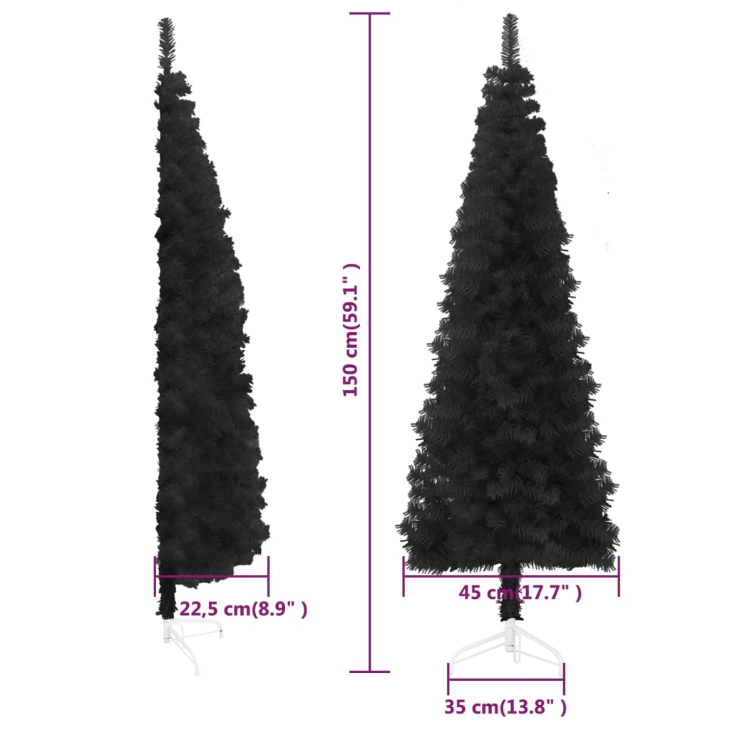 Siaura dirbtinė pusinė Kalėdų eglutė su stovu, juoda, 150cm