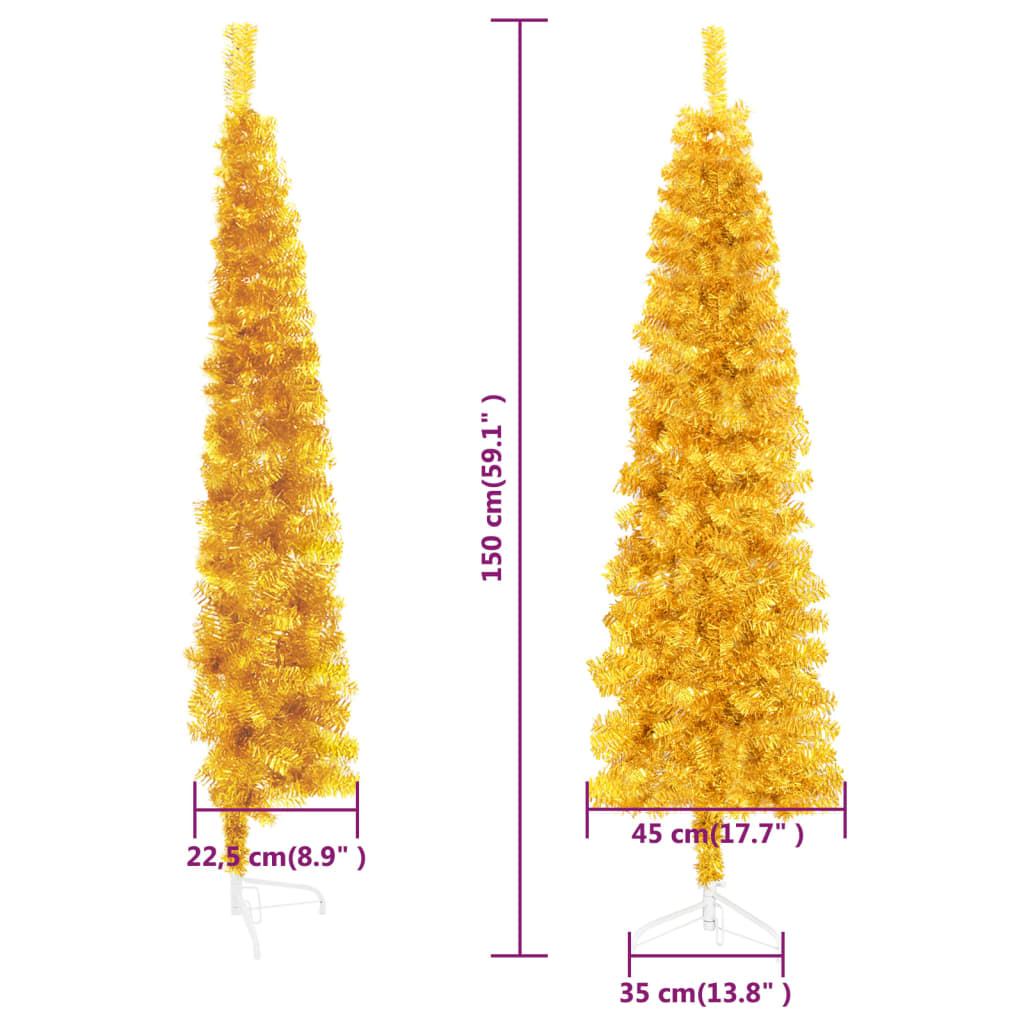 Siaura dirbtinė pusinė Kalėdų eglutė su stovu, auksinė, 150cm