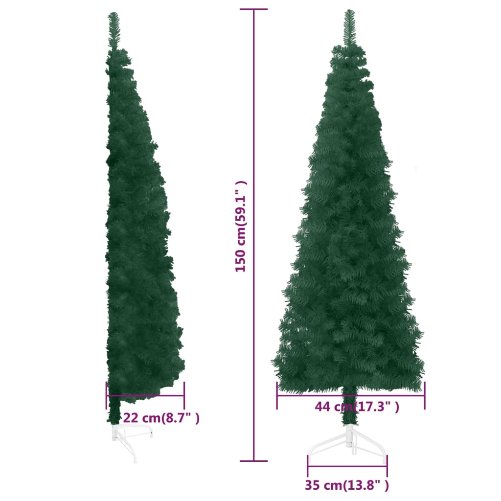 Siaura dirbtinė pusinė Kalėdų eglutė su stovu, žalia, 150cm