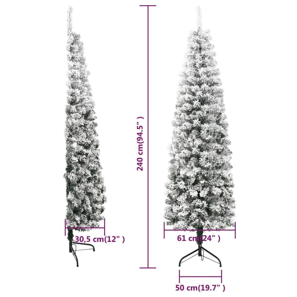 Siaura dirbtinė Kalėdų eglutė, 240cm, padengta sniegu