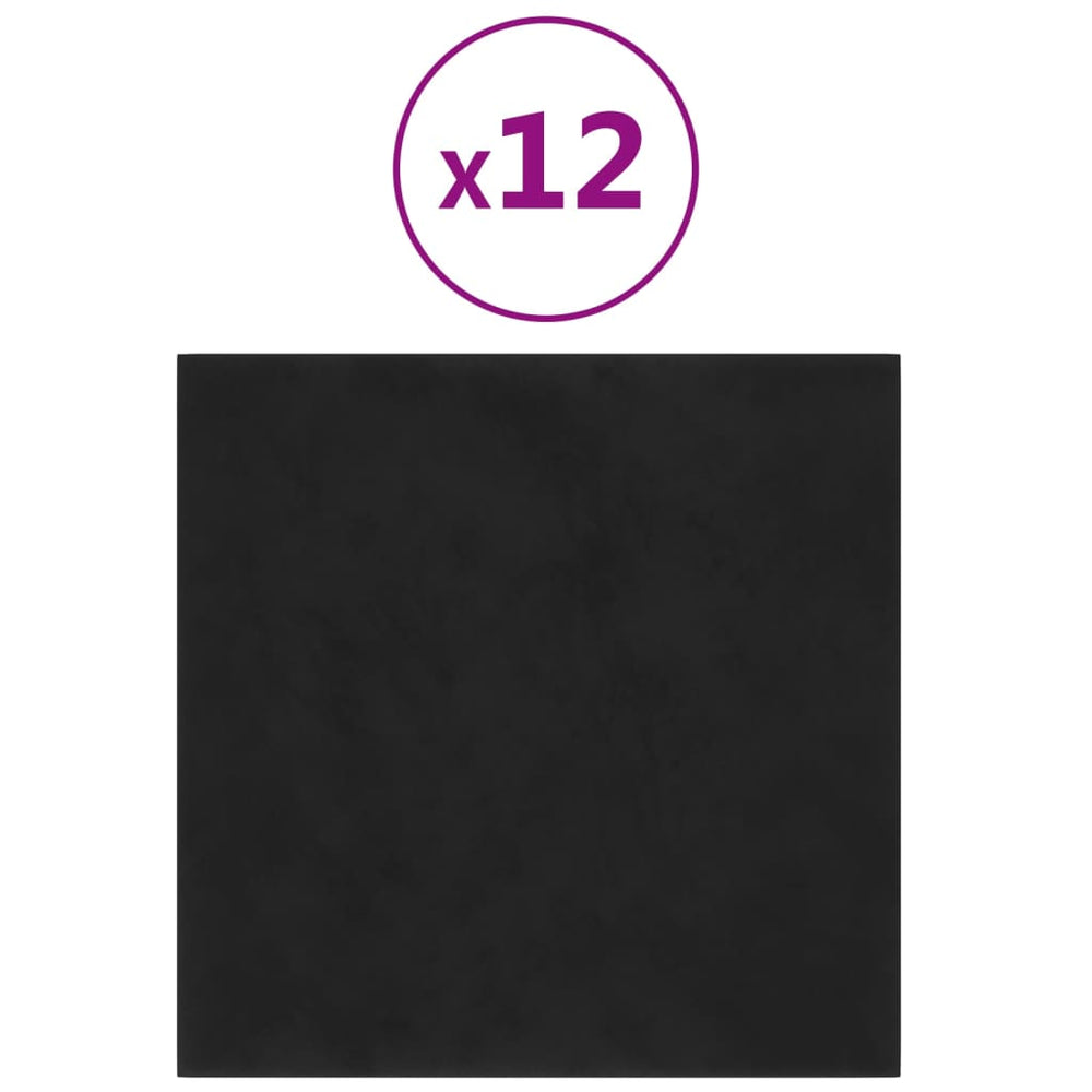 Sienų plokštės, 12vnt., juodos, 30x30cm, aksomas, 1,08m²