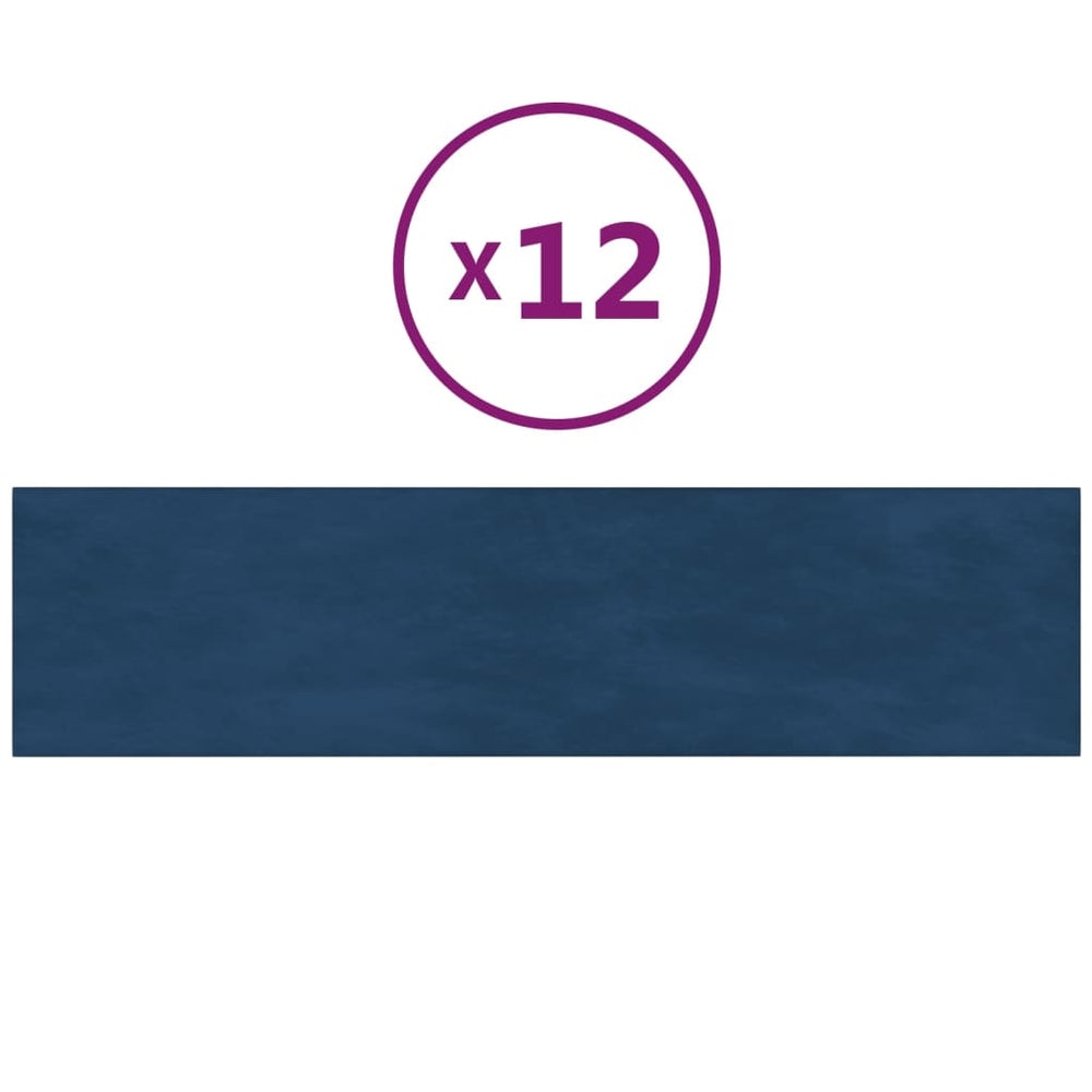 Sienų plokštės, 12vnt., mėlynos, 60x15cm, aksomas, 1,08m²