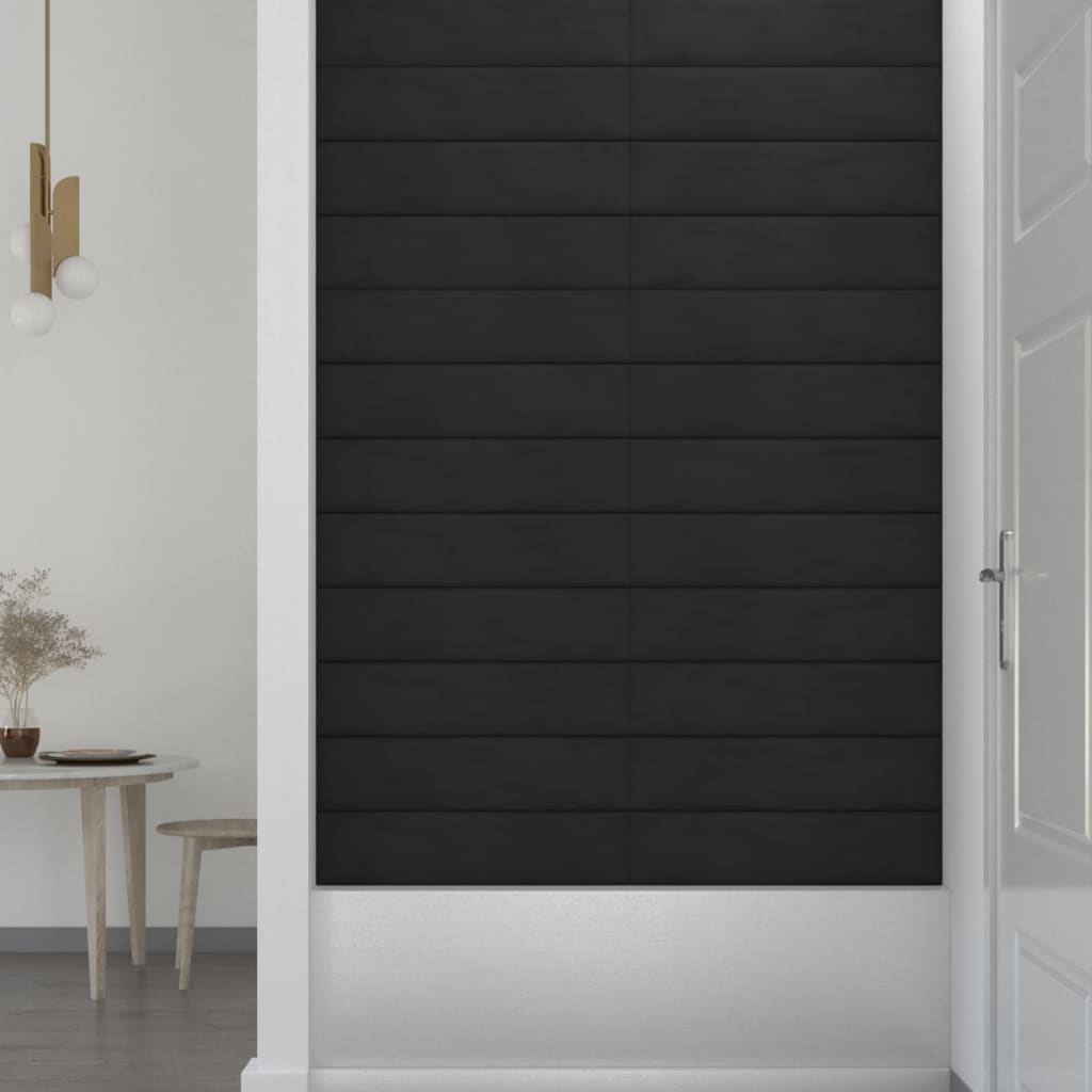 Sienų plokštės, 12vnt., juodos, 60x15cm, aksomas, 1,08m²