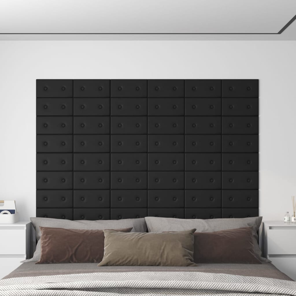 Sienų plokštės, 12vnt., juodos, 30x15cm, dirbtinė oda, 0,54m²