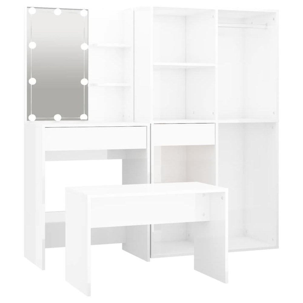 Kosmetinio staliuko komplektas su LED, baltas, mediena, blizgus