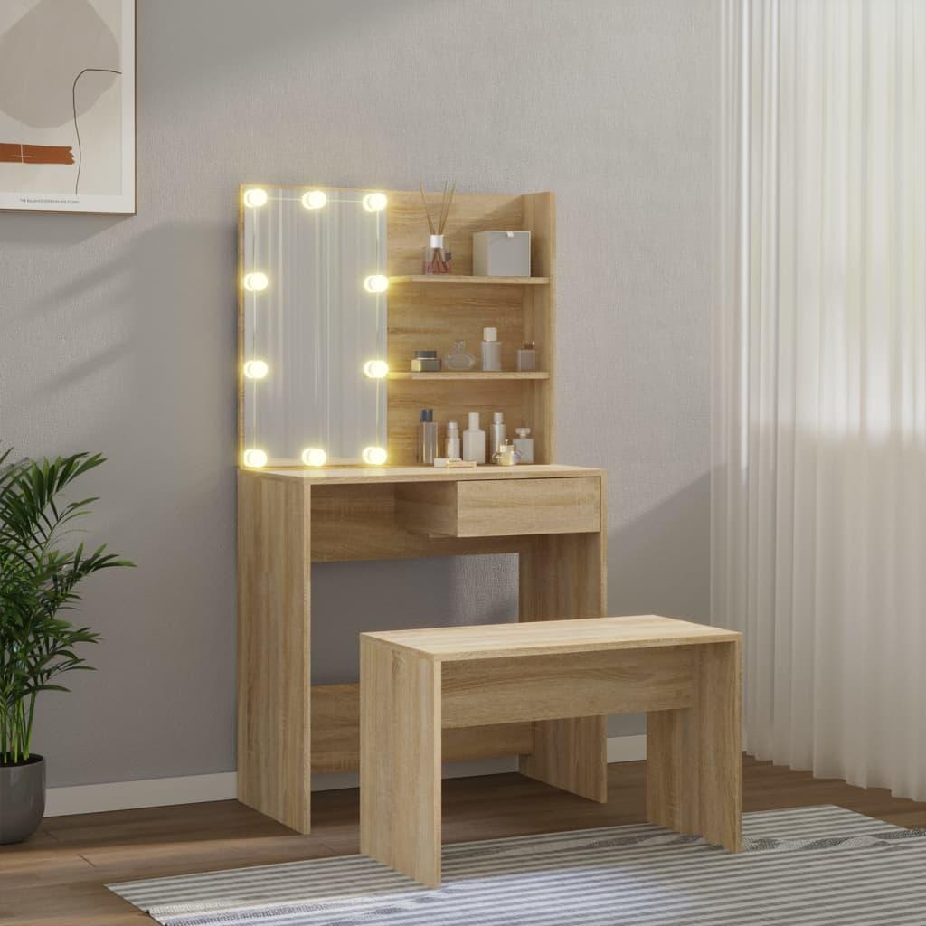 Kosmetinio staliuko komplektas su LED, ąžuolo, apdirbta mediena